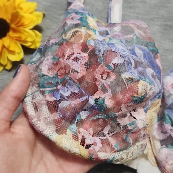Vintage Watercolor Rainbow Sheer Floral Lace Lingerie Unlined Wired Bra Bralette